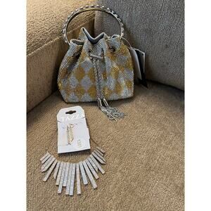 Checkered Rhinestone Covered Small Bucket Handbag & Necklace Set NWT